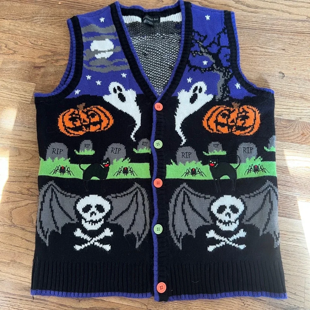 Blizzard Bay Halloween Sweater Vest Unisex Large Graveyard Ghost Pumpkin Skull L
